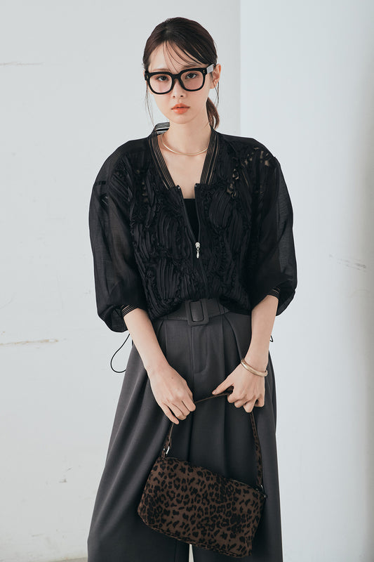 [SET]モチーフ付きシアーブルゾン+ベルト付きツータックワイドパンツ+ベルト付きツータックワイドパンツ(3set)