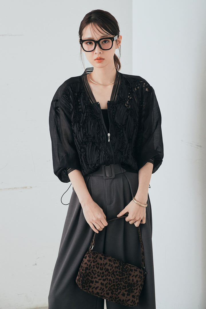 [SET]モチーフ付きシアーブルゾン+ベルト付きツータックワイドパンツ(2set)