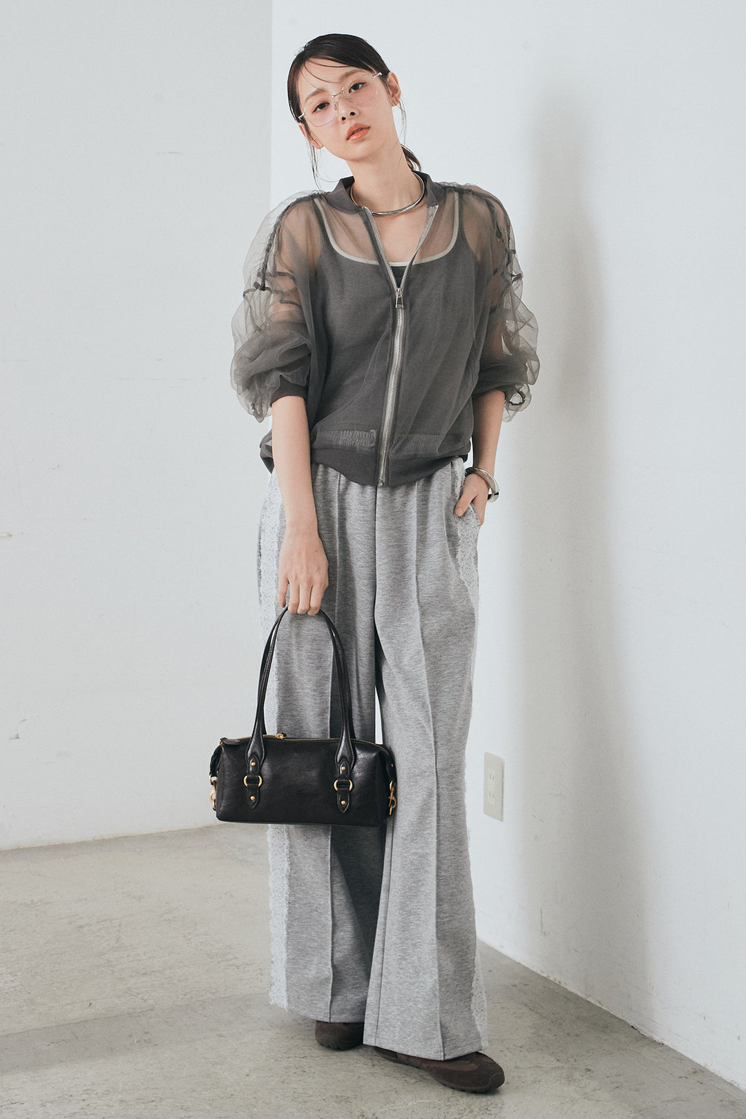 [SET]エアリーチュールスリーブシアーブルゾン+Wフェイスカットソーサイドレースラインパンツ(2set)