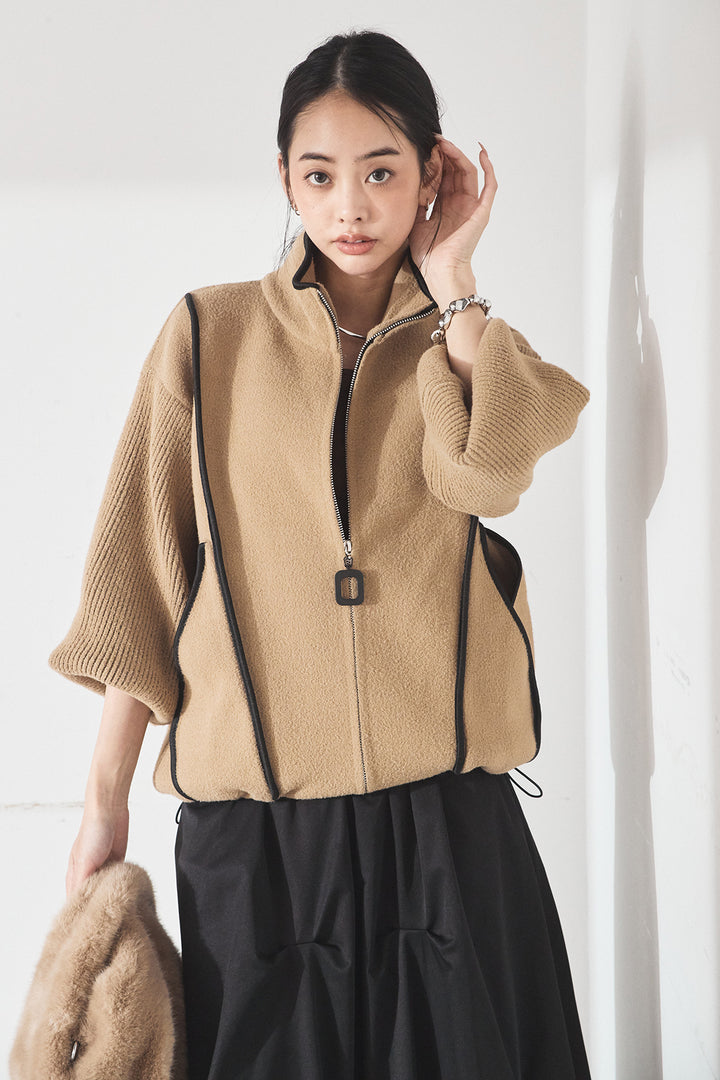 [SET]ハイネックパイピングデザインブルゾン+ランダムタックバルーンスカート(2set)