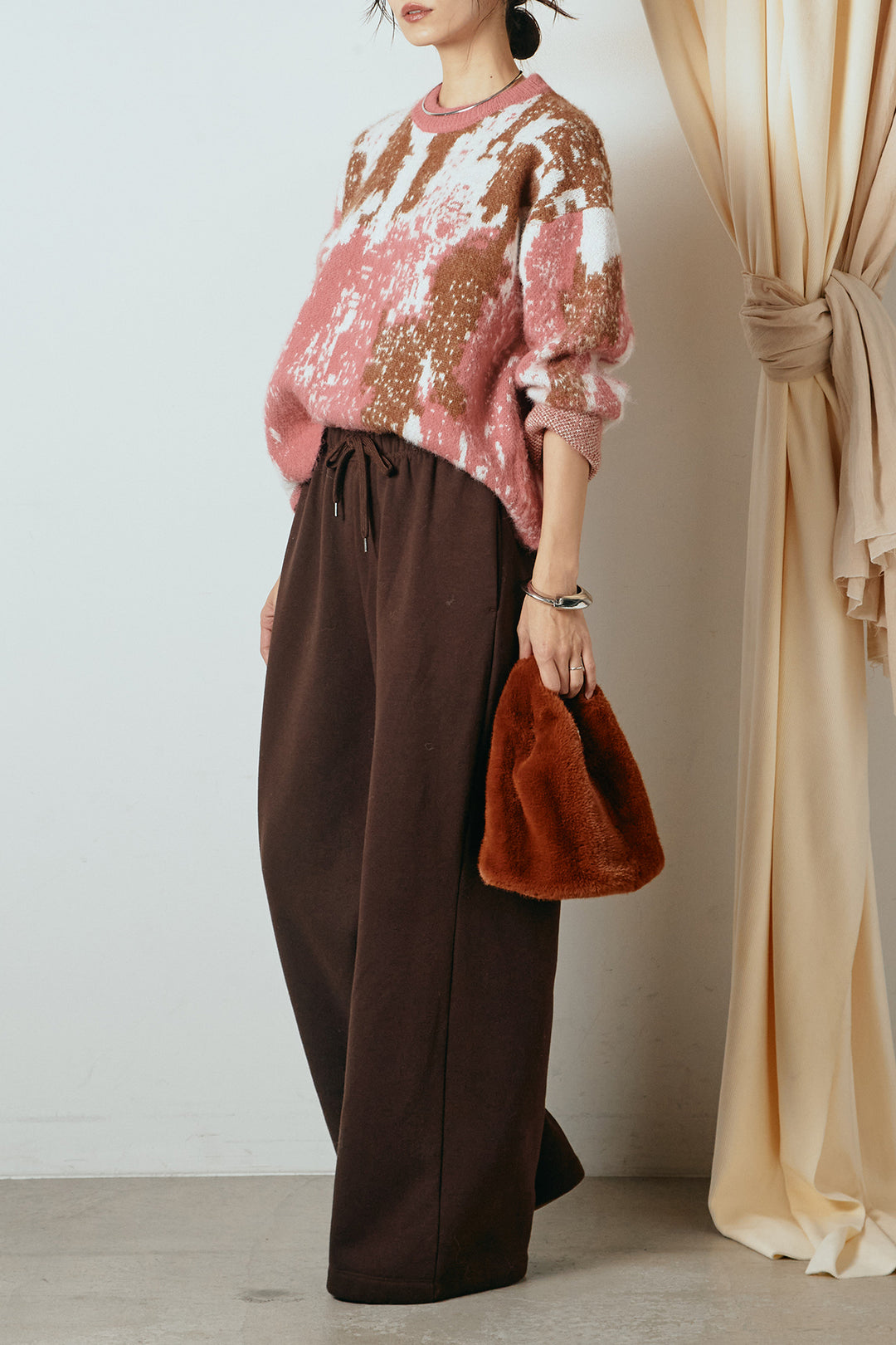 [SET]起毛ニュアンス柄ニットプルオーバー+裏起毛スウェットワイドパンツ(2set)