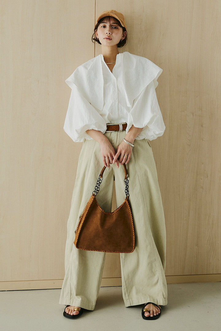 [SET]ケープカラーナイロンブラウス+サイドベルトカーブワイドパンツ(2set)