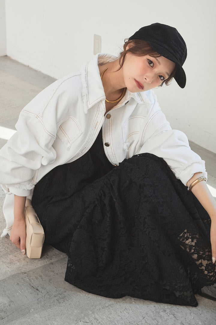 [SET]フリンジデニムジャケット+レース刺繍フレアキャミワンピース(2set)