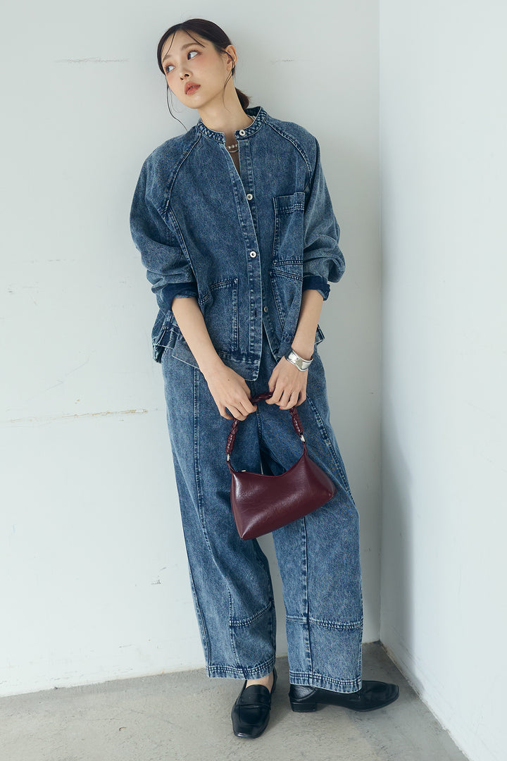 [SET]カラーデニムケミカル加工ノーカラーブルゾン+カラーデニムケミカル加工コクーンパンツ(2set)