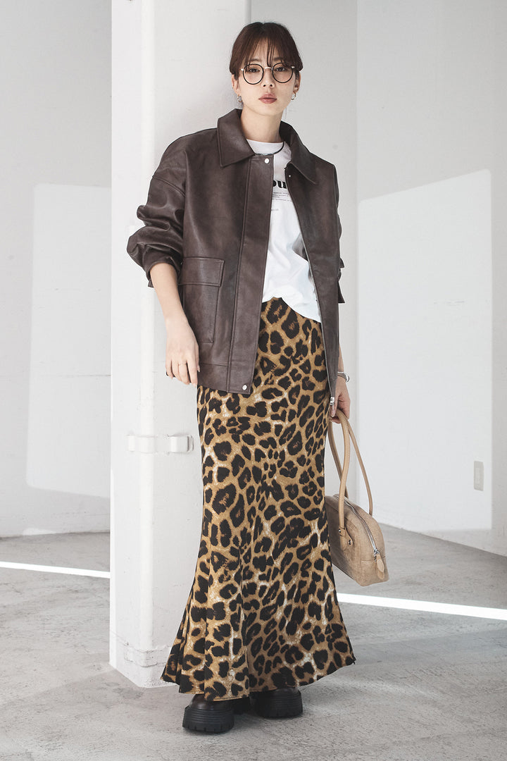 [SET]レザーライクオーバーサイズブルゾン+レオパードサテンナロースカート(2set)