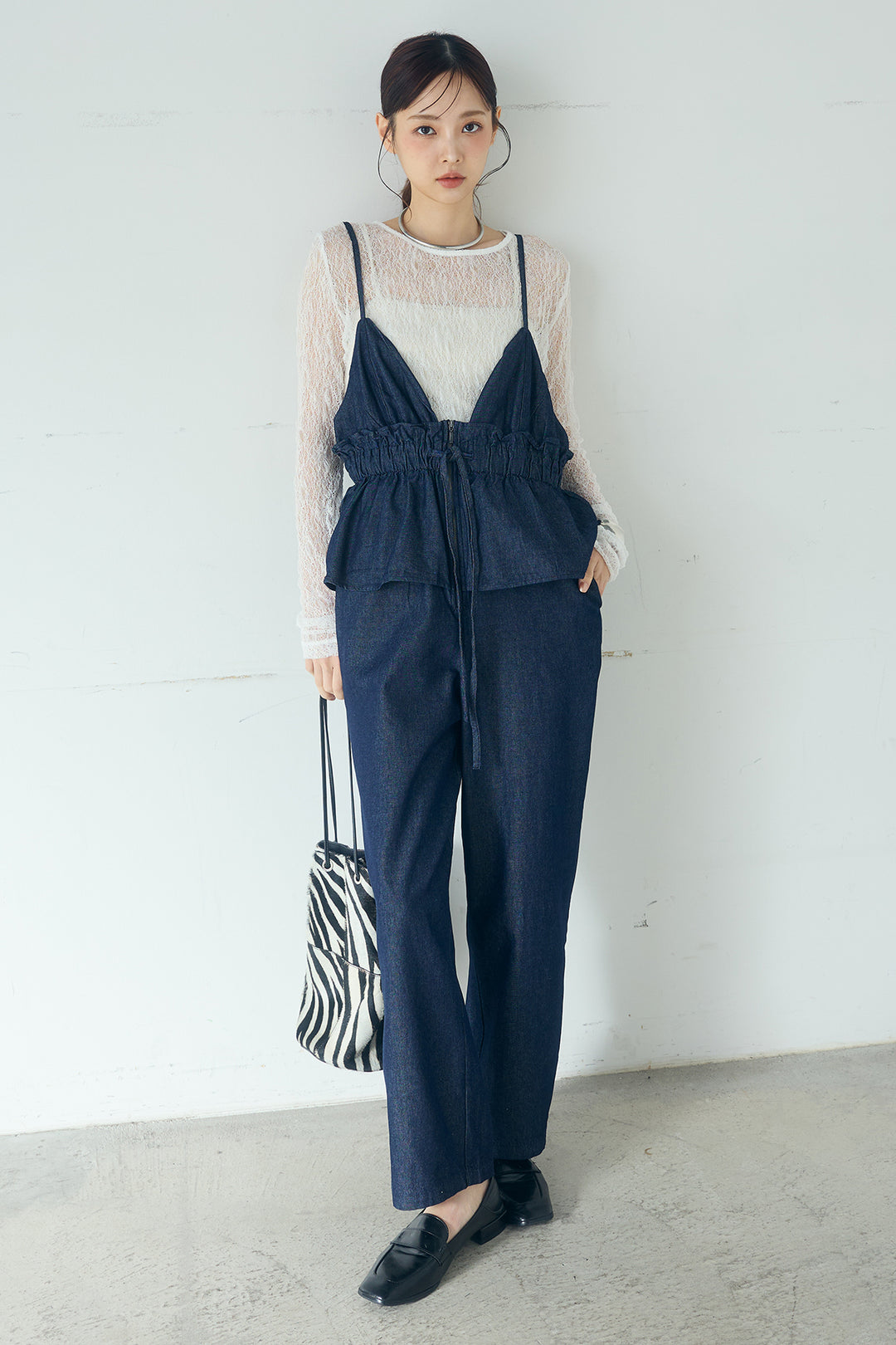 [SET]ストレッチレースクルーネックインナー+デニムペプラムコンビネゾン(2set)