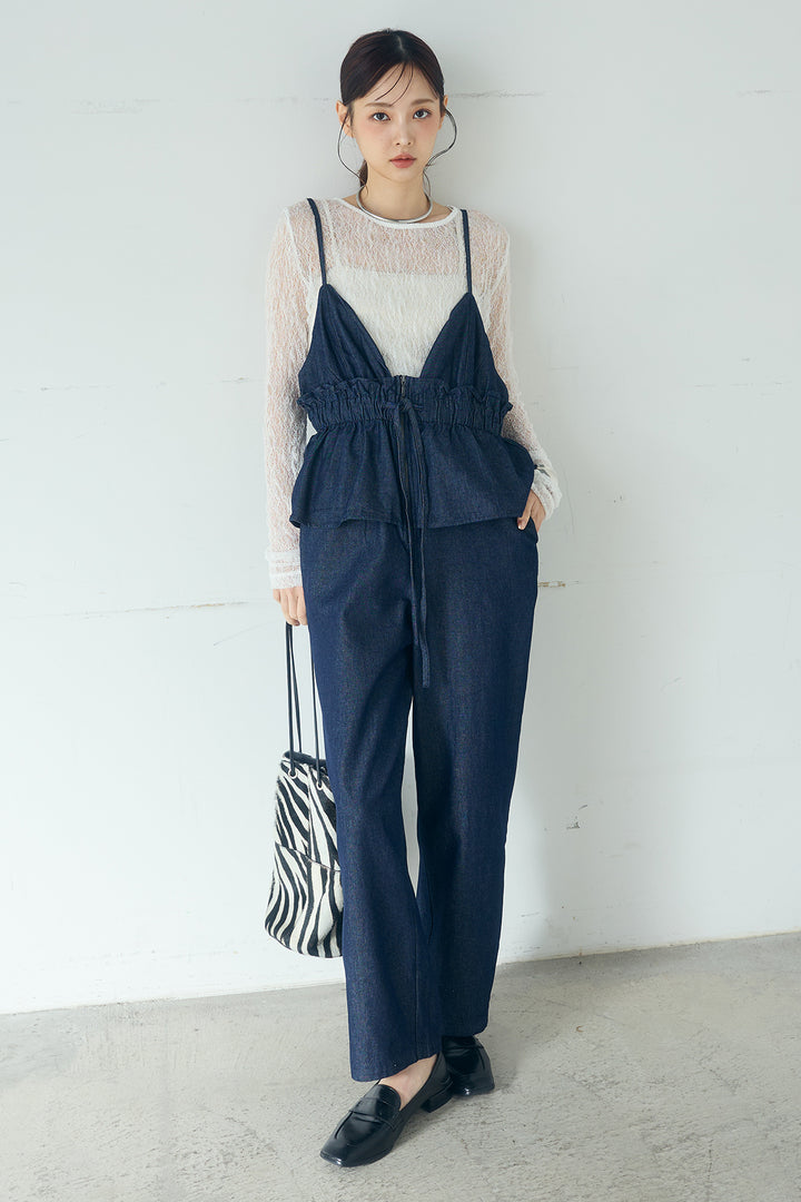 [SET]ストレッチレースクルーネックインナー+デニムペプラムコンビネゾン(2set)