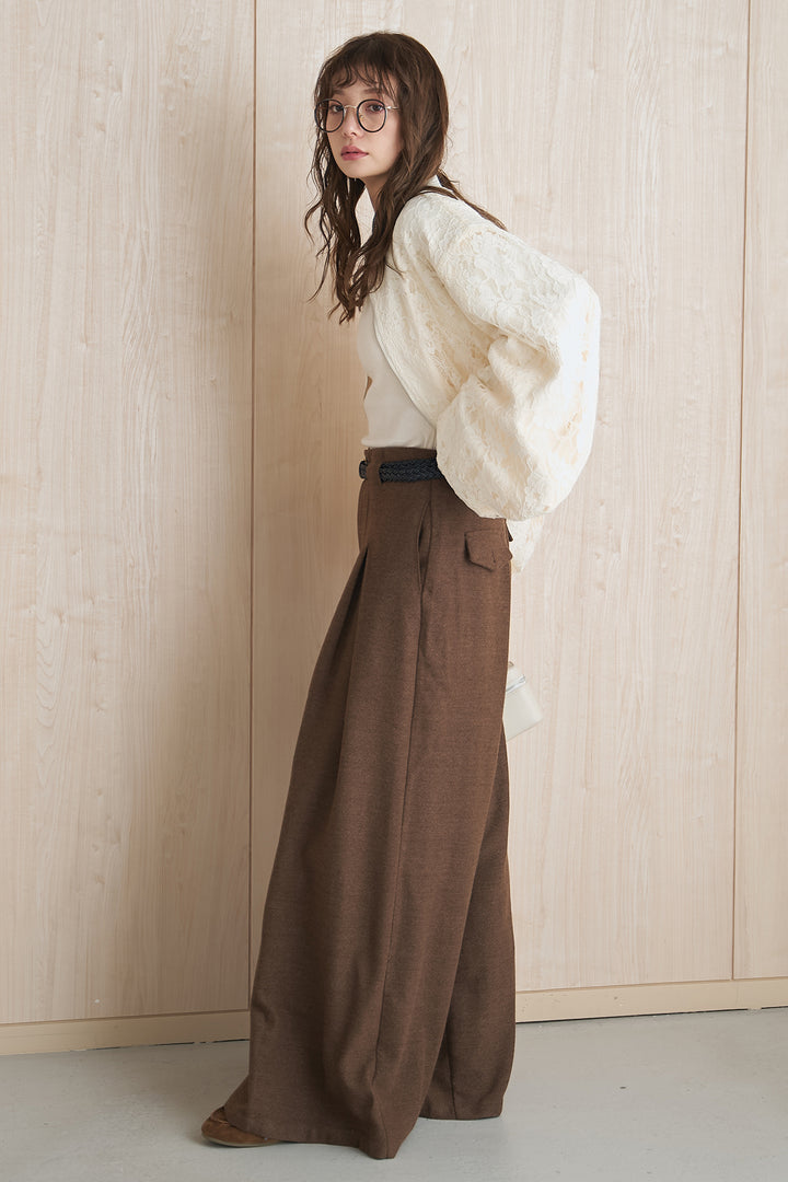 [SET]レース刺繍ジップブルゾン+編みベルト付き起毛タックワイドパンツ(2set)