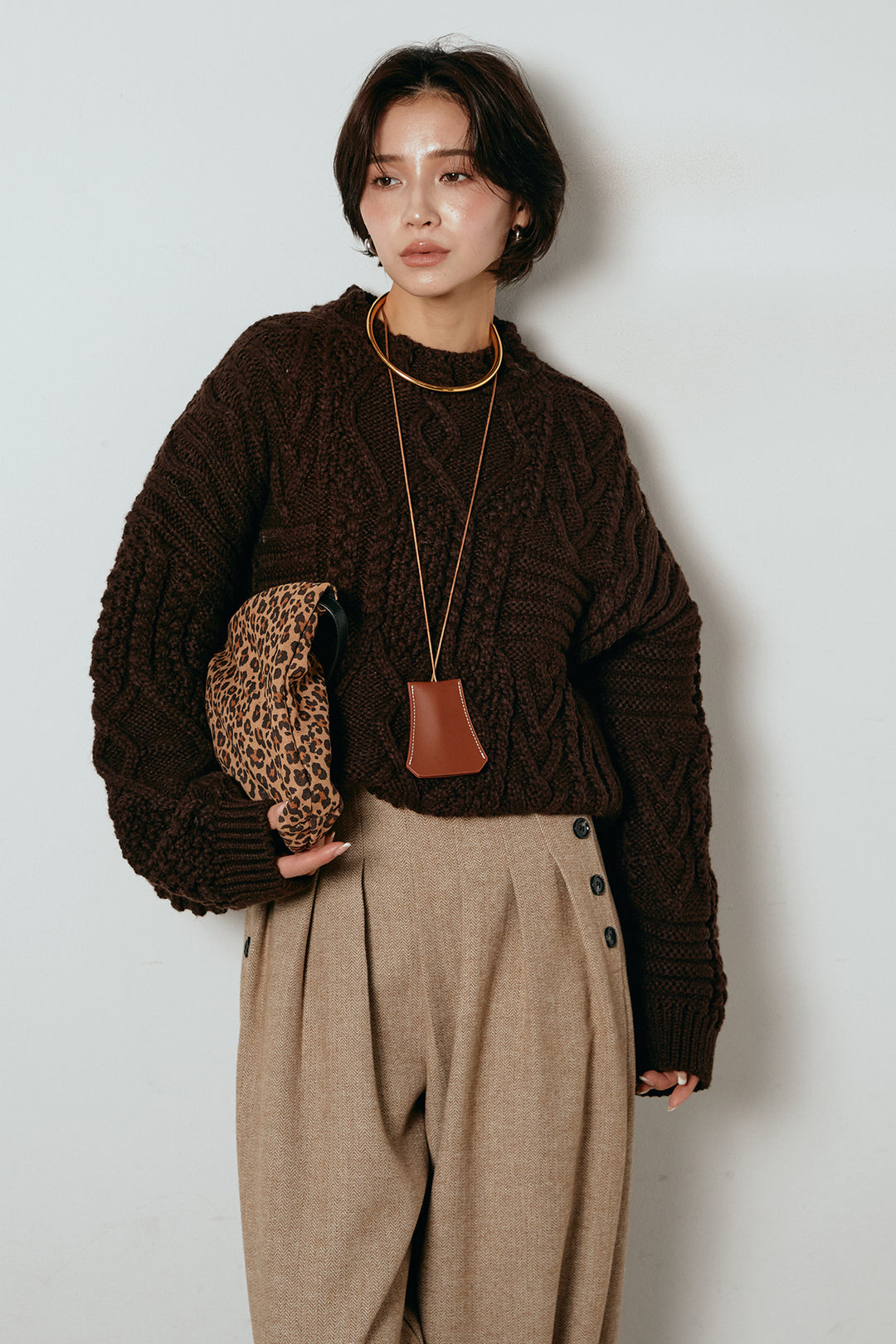 [SET]アラン柄ミックスケーブルニット+サイドボタンツイードタックパンツ(2set)