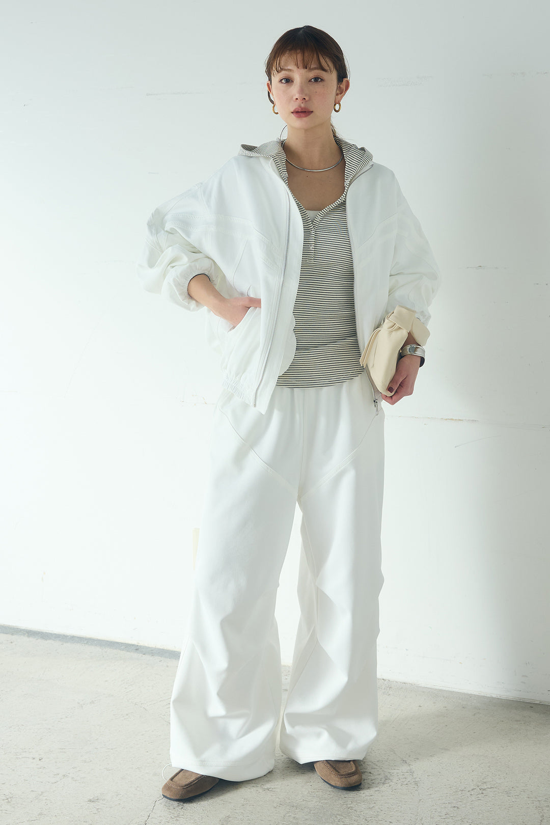 [SET]マルチ切り替えドルマンブルゾン+ランダムタックデザインワイドパンツ+ボーダーフーディーロンT(3set)