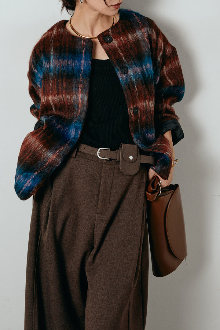 [SET]ノーカラーシャギーチェックアウター+ポーチベルト付きカーブパンツ(2set)