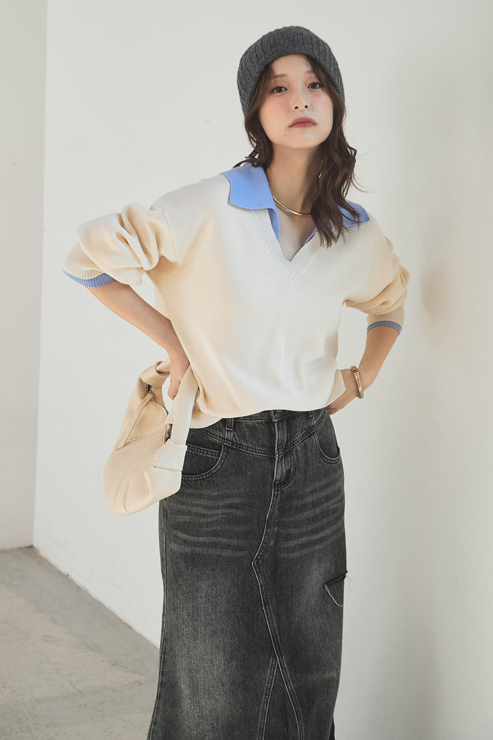 [SET]バイカラーニットレイヤード風プルオーバー+Aラインデニムスカート(2set)