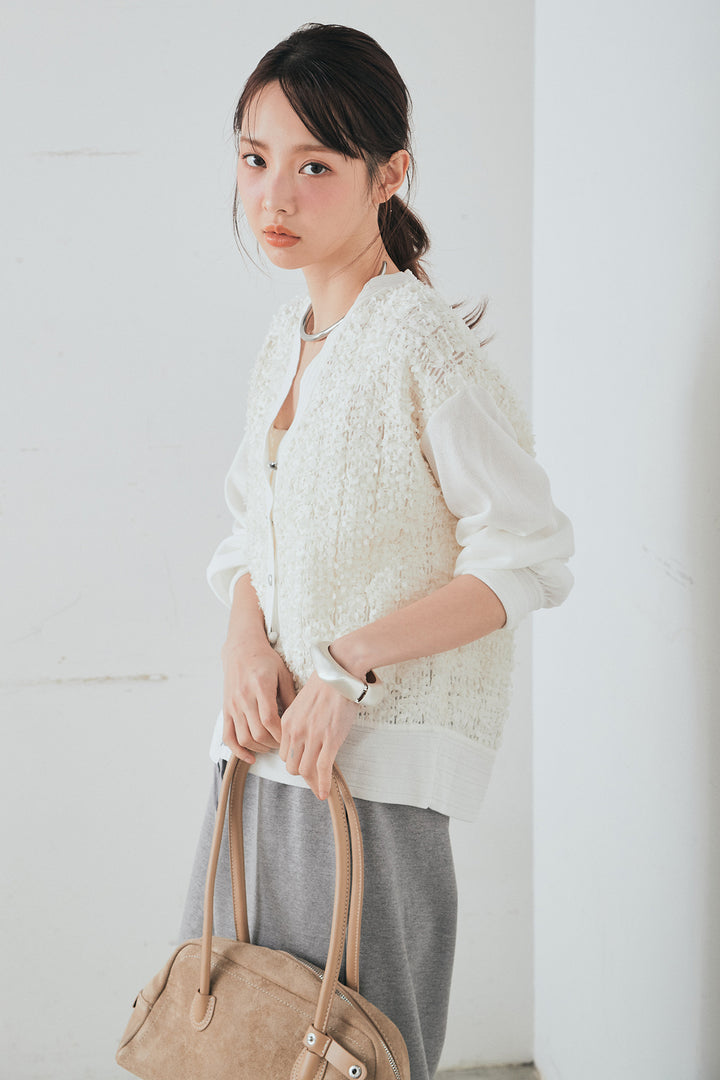 [SET]モコレースVネックカーディガン+カットダンボールウエストフリルカーブパンツ(2set)