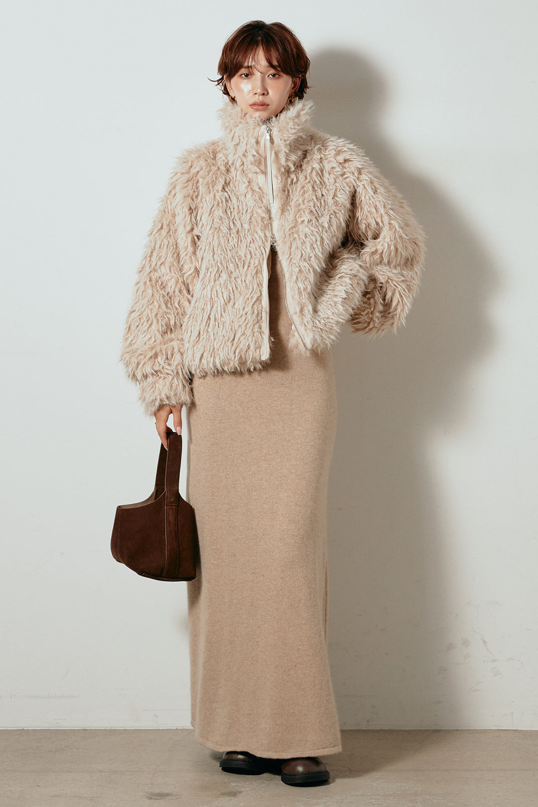 [SET]ミックスシープファースタンドブルゾン+ノースリーブニットロングワンピース(2set)