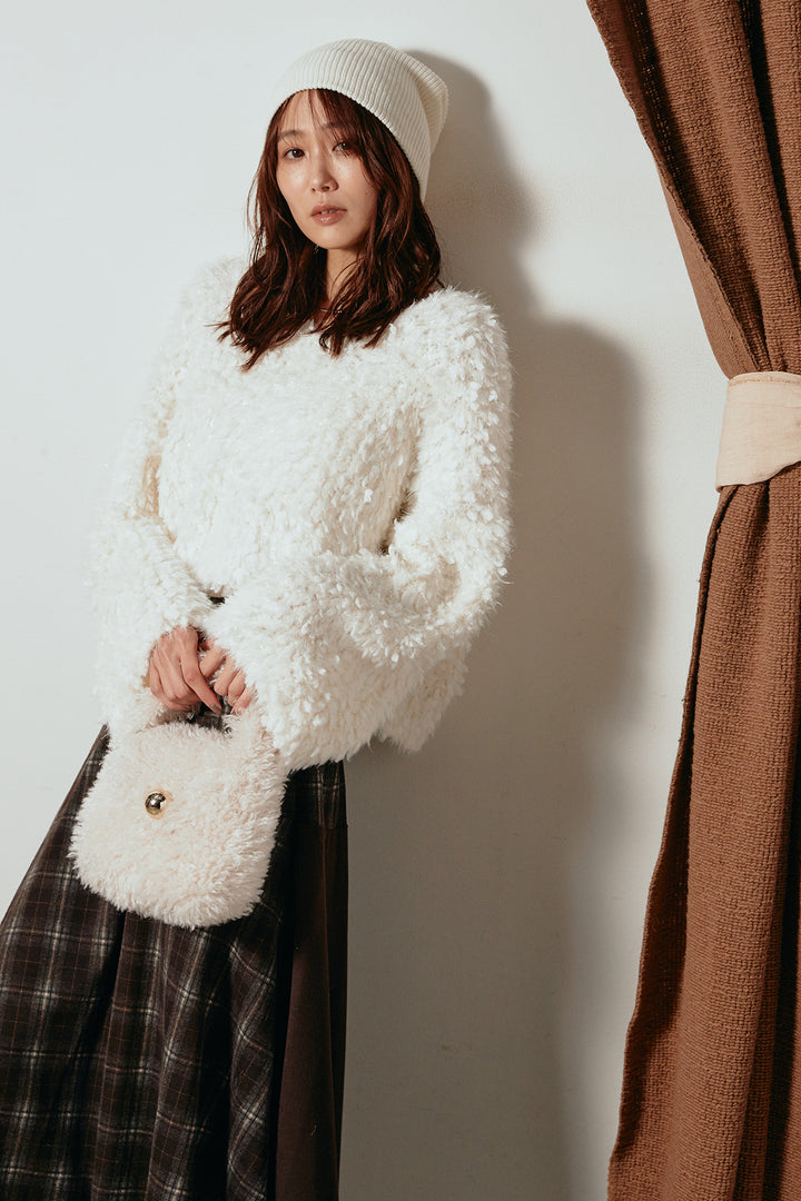 [SET]深Vネックチョウチョヤーンニットトップス+フェイクレザーベルト付き切り替えタータンチェックスカート(2set)