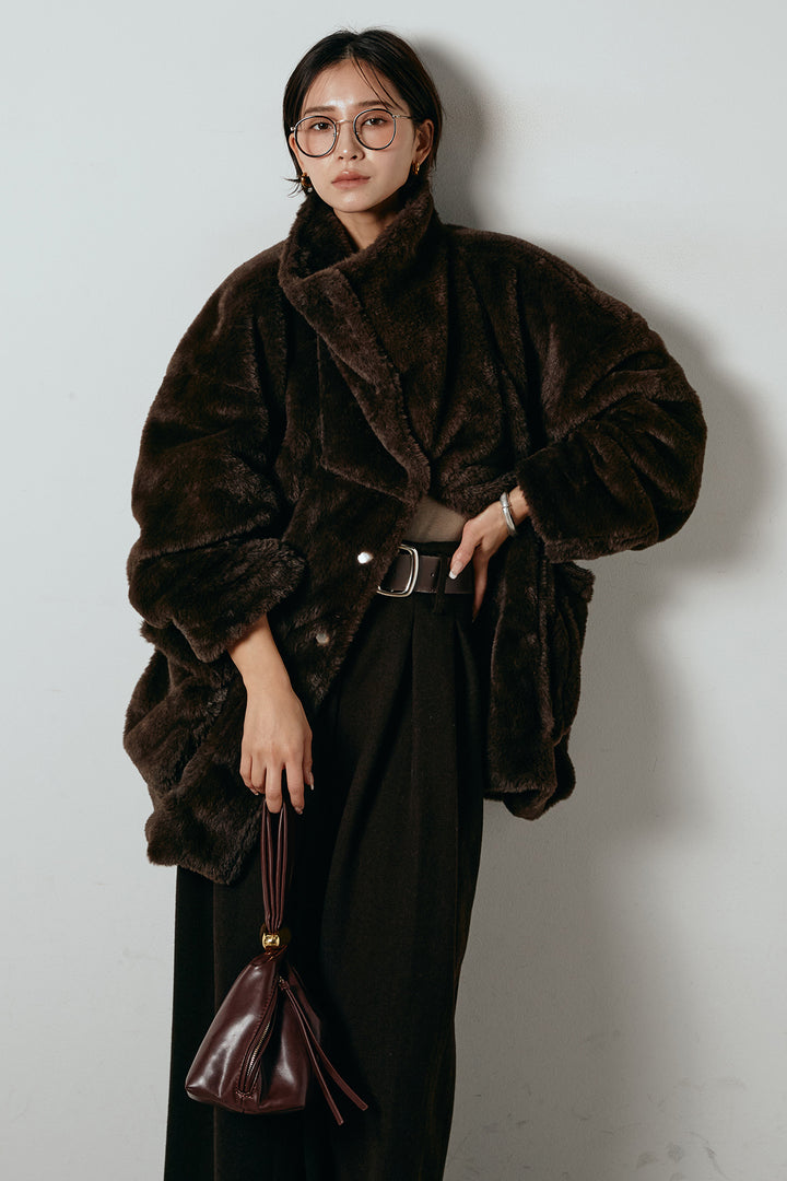 [SET]スタンドネックファーコート+フェイクレザー太ベルト付きタックワイドパンツ(2set)