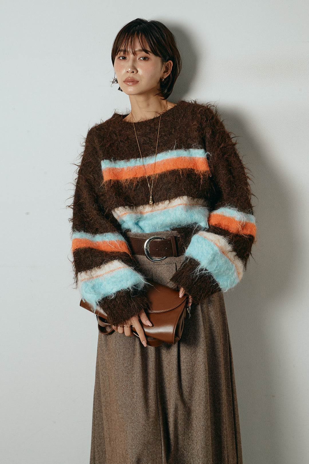 [SET]起毛配色マルチボーダーニットトップス+太ベルト付きヘリンボーンプリーツスカート(2set)