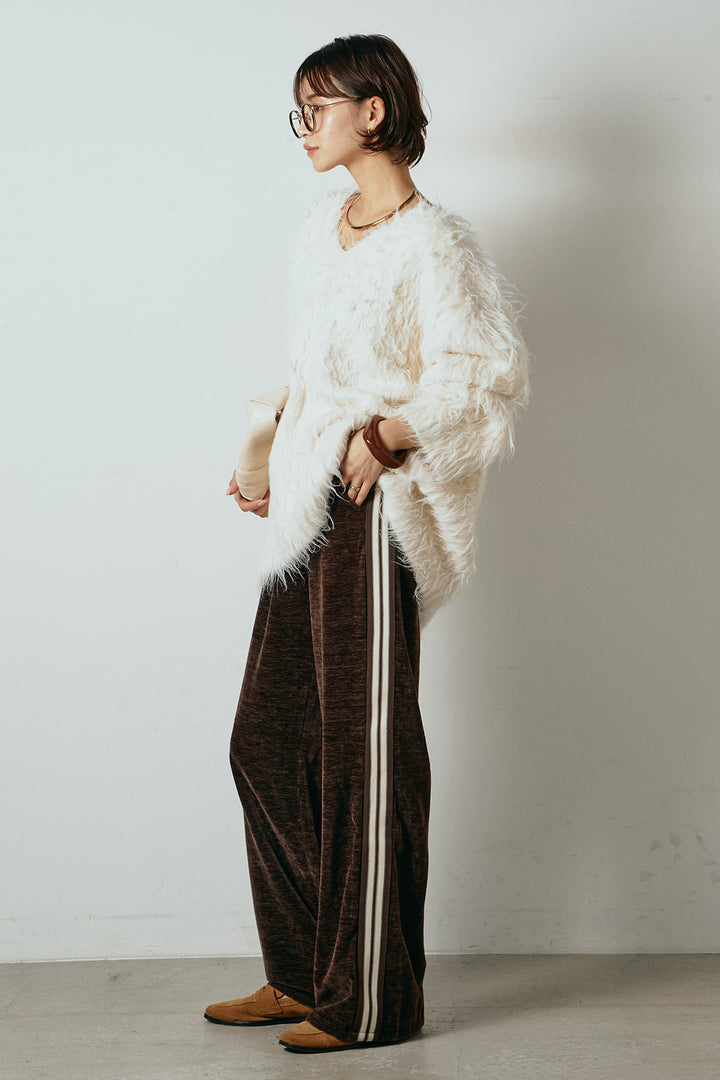 [SET]深Vネックシャギーニットトップス+リラックスサイドラインベロアワイドパンツ(2set)