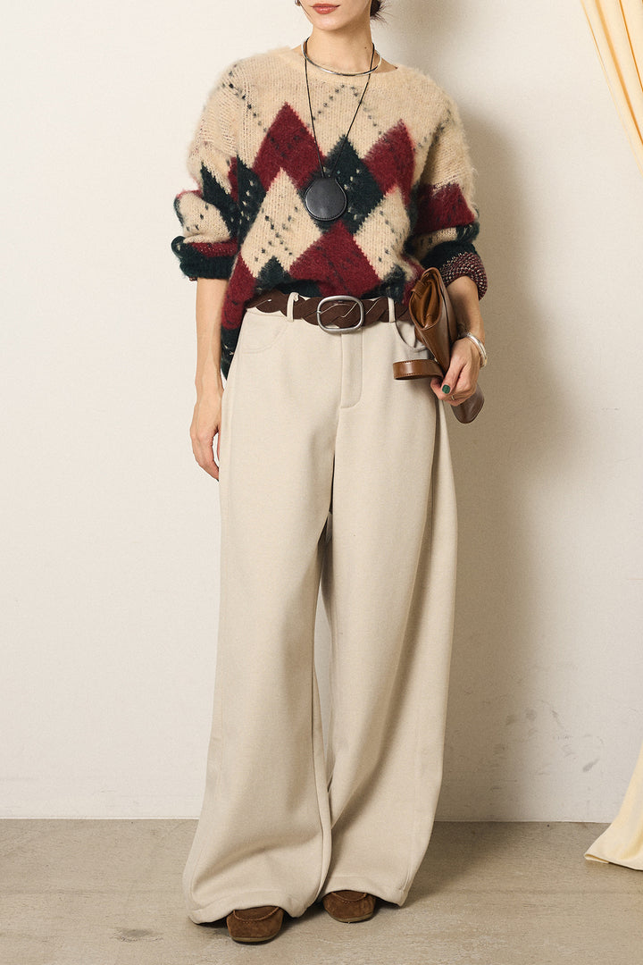 [SET]配色アーガイル柄ニットトップス+編みベルト付きワイドパンツ(2set)