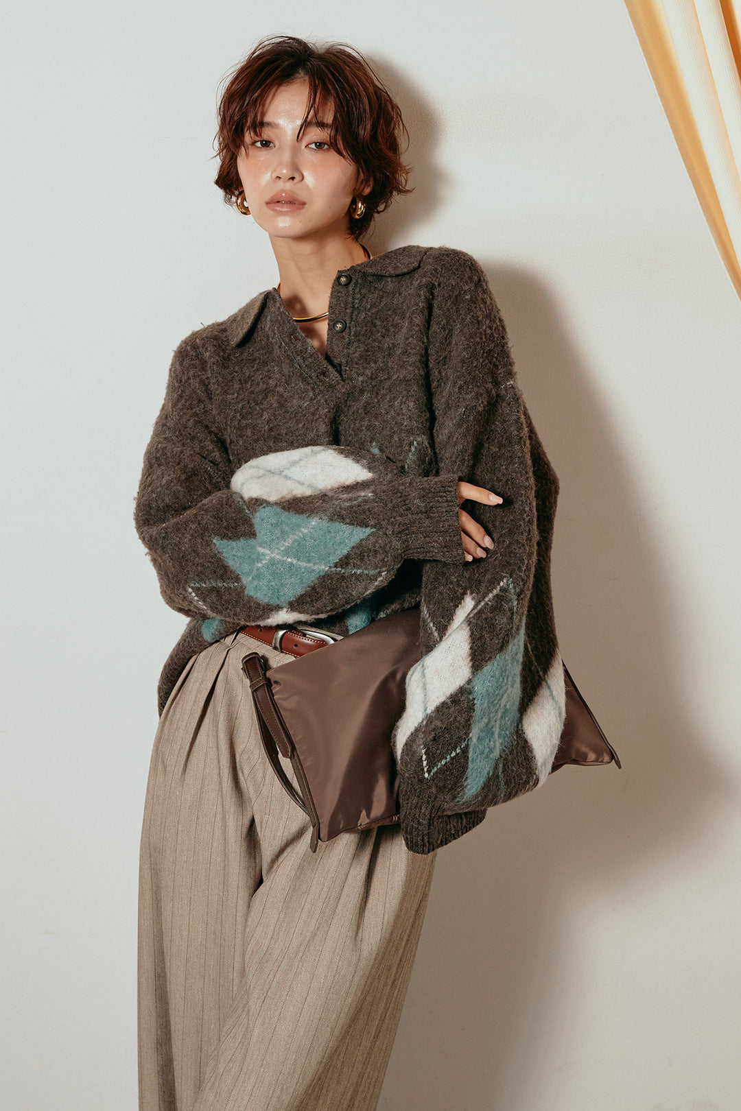 [SET]アーガイル柄ポロニットトップス+ストライプヘリンボーンパンツ(2set)