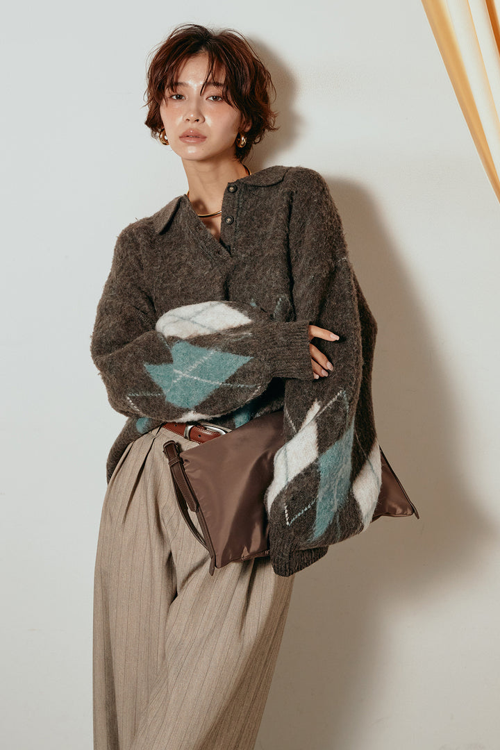 [SET]アーガイル柄ポロニットトップス+ストライプヘリンボーンパンツ(2set)