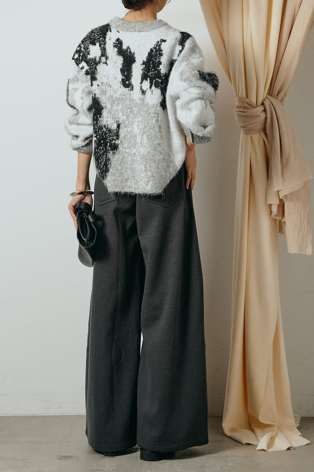 [SET]起毛ニュアンス柄ニットプルオーバー+ファーベルト付きワイドパンツ(2set)