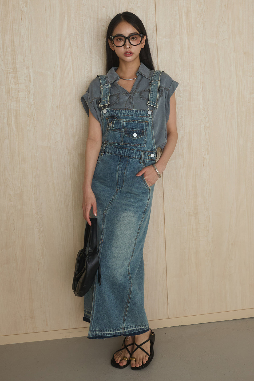 [SET]リヨセルデニムノースリシャツ+センタースリットデニムジャンスカ(2set)