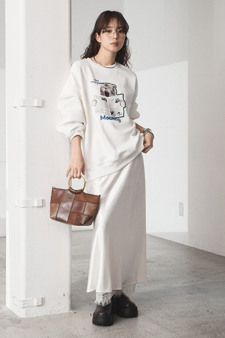 [SET]裏起毛モーニングキャットプリントスウェット+裾レースデザインサテンスカート(2set)