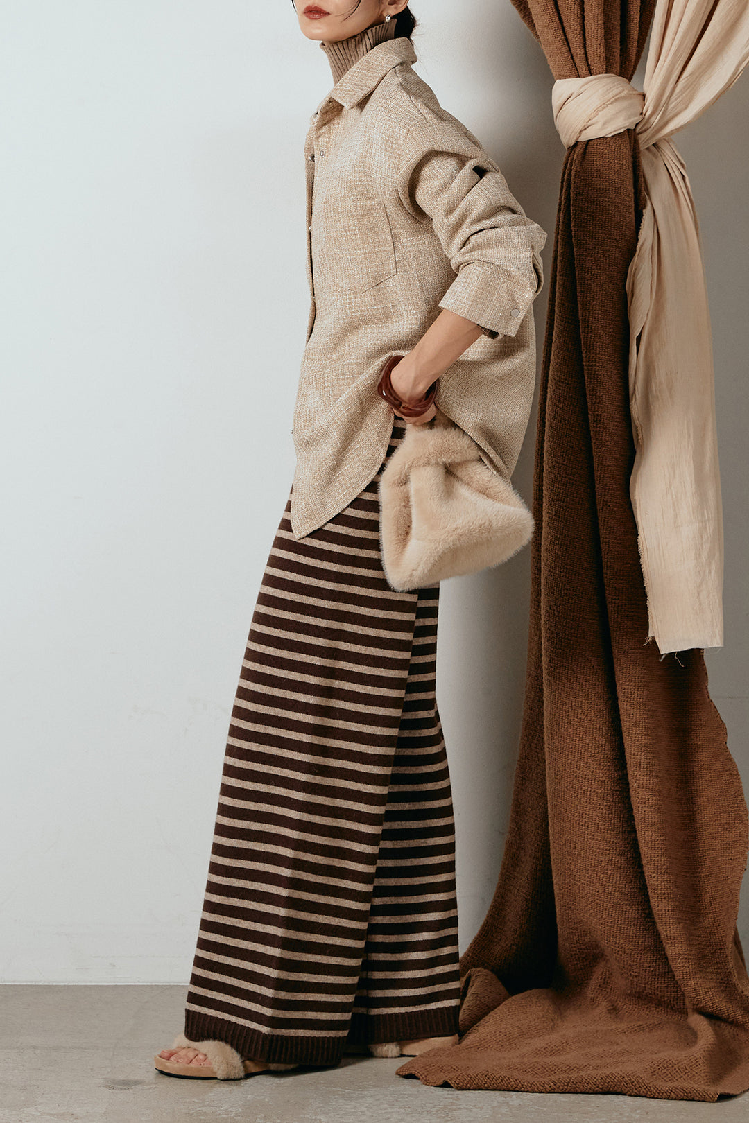 [SET]ルーズクラッシュツイルシャツ+ボーダーリラックスニットパンツ(2set)