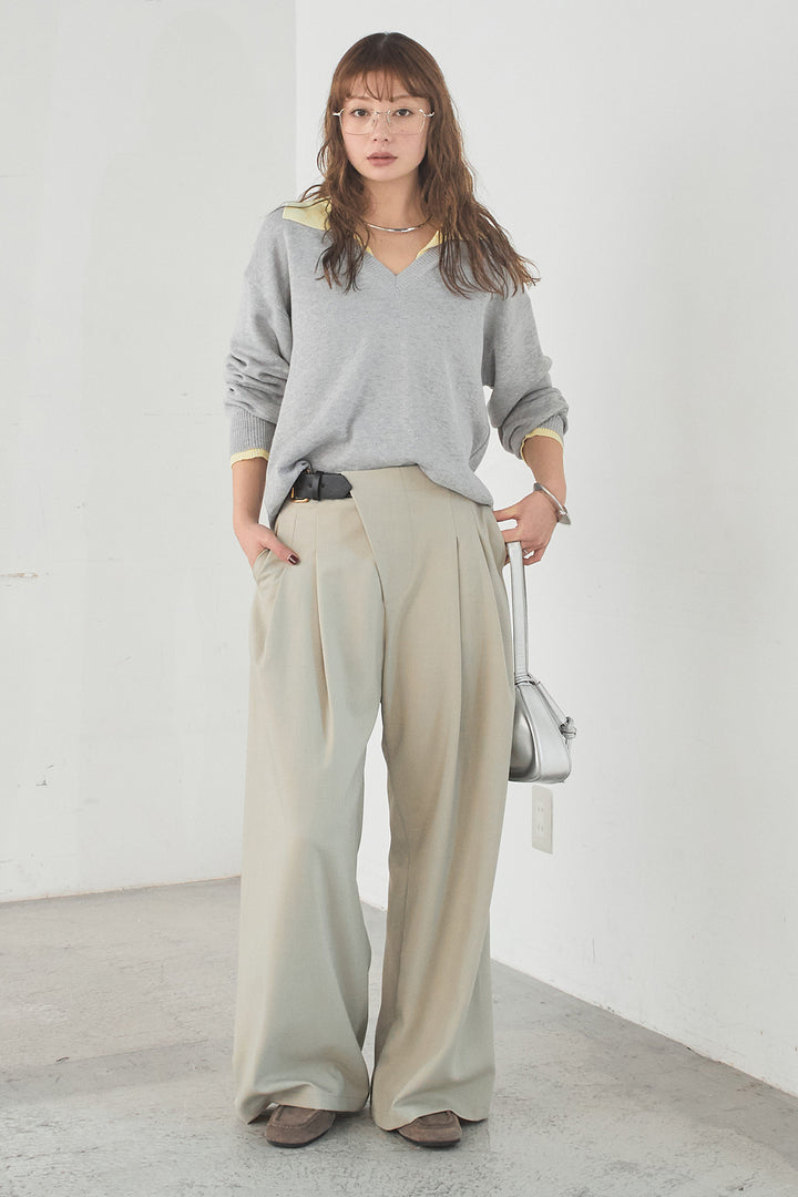 [SET]バイカラーニットレイヤード風プルオーバー+サイドベルトタック入りスラックス(2set)