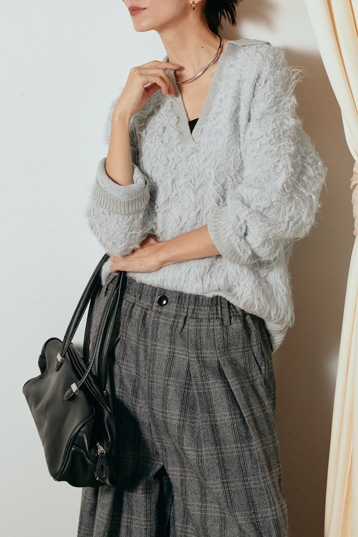 [SET]襟付きシャギーニットポロトップス+タータンチェック柄タックパンツ(2set)