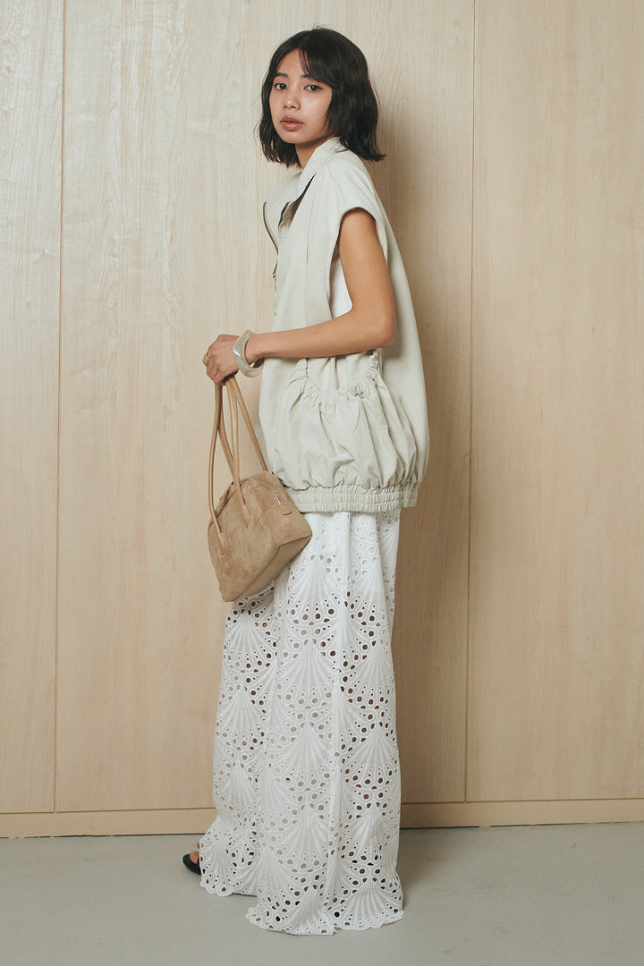 [SET]ショルダー切替スタンドネックジップベスト+レース刺繍リラックスパンツ(2set)