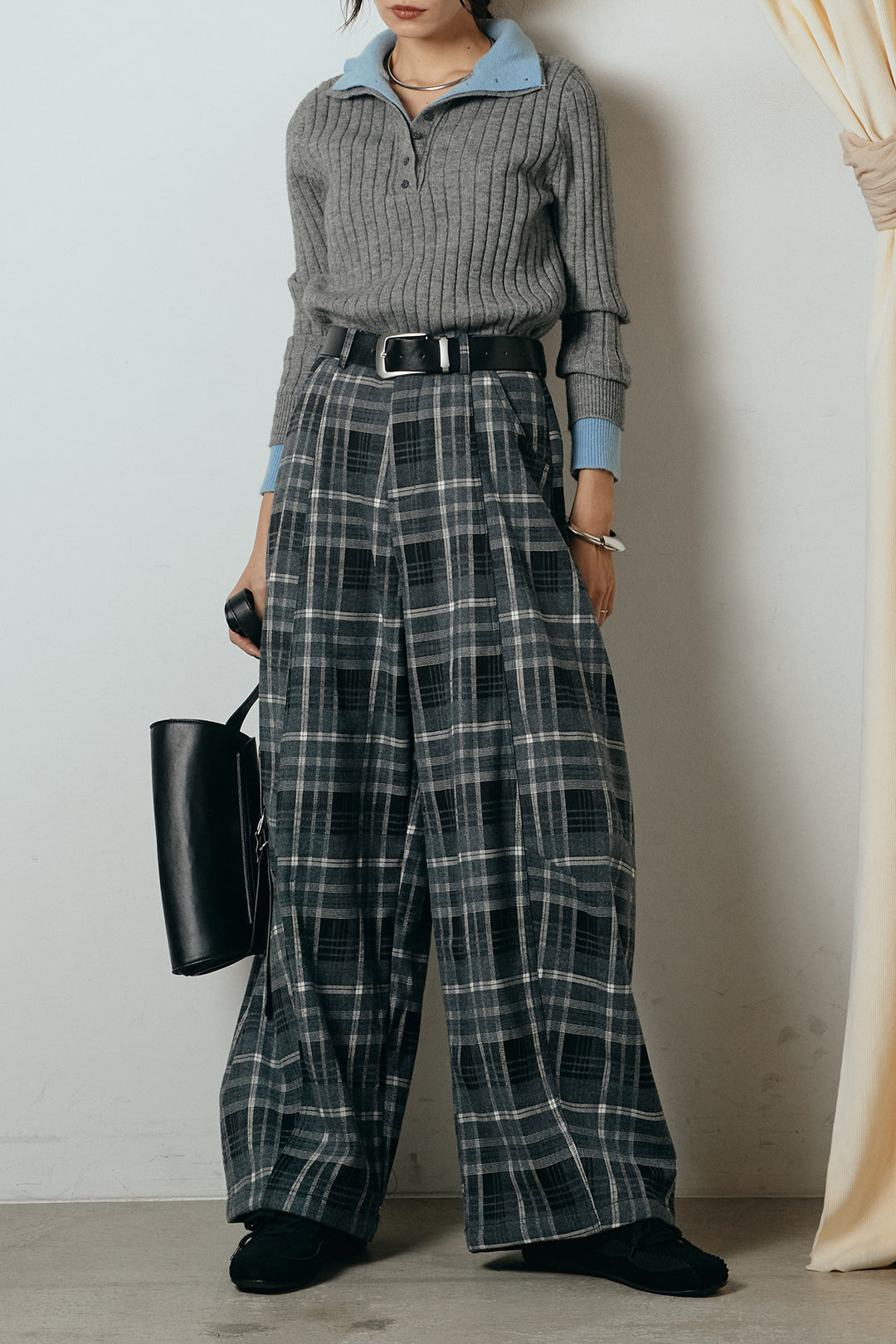 [SET]レイヤード風リブニットトップス+ベルト付きタータンチェックカーブワイドパンツ(2set)