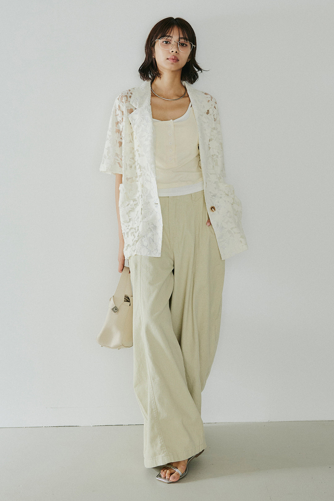 [SET]シアージャガードハーフスリーブテーラードジャケット+サイドベルトカーブワイドパンツ+配色ヘンリーネックタンクトップ(3set)