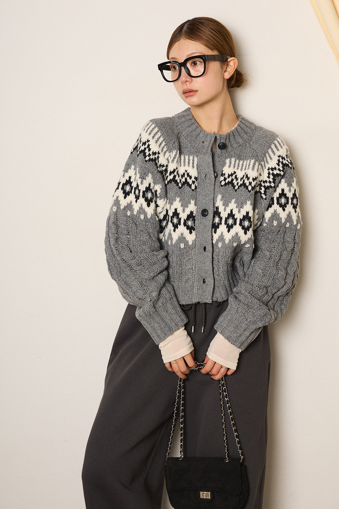 [SET]2WAY求心柄ジャガードショートカーディガン+裏起毛スウェットワイドパンツ+2WAY袖コード刺繍クルーネックプルオーバー(3set)