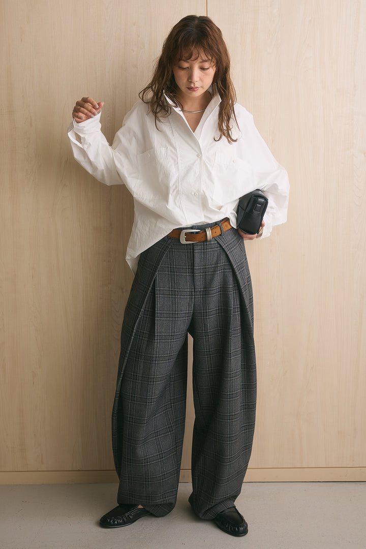 [SET]ワイドシルエットポケット付きシャツ+ブリティッシュチェックバレルパンツ(2set)