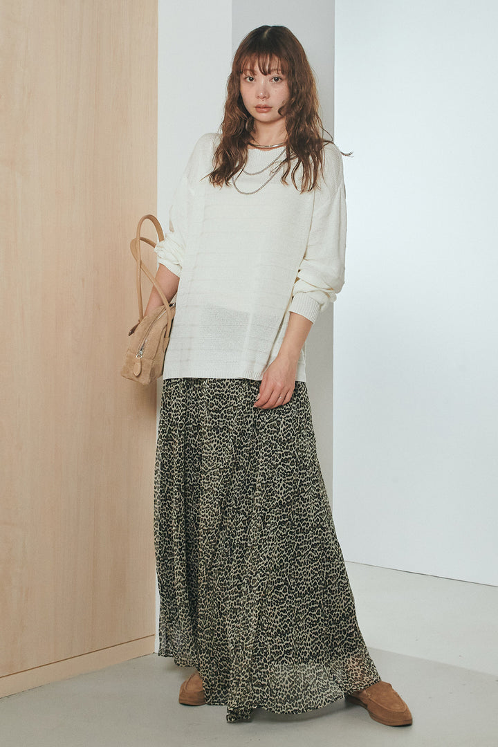 [SET]麻混リラックスニットトップス+リラックスレオパードロングスカート(2set)