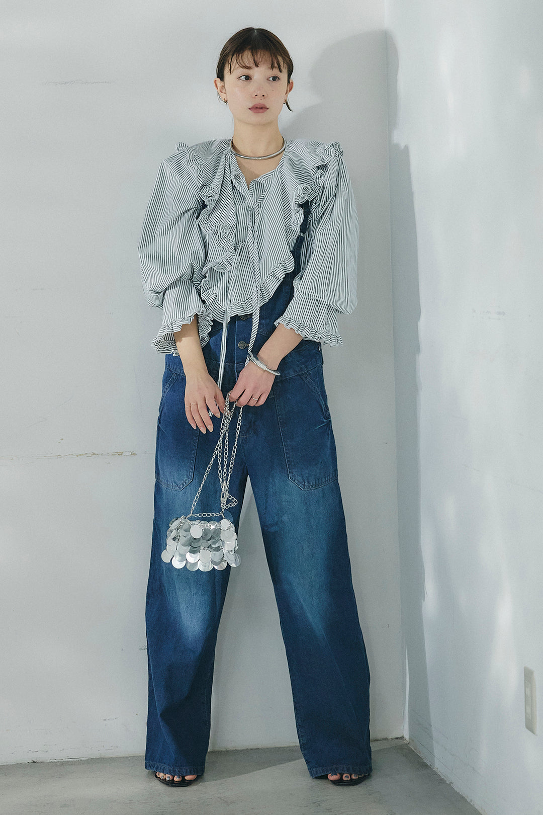 [SET]コットンフリルブラウス+デニムサロペットワイドパンツ(2set)