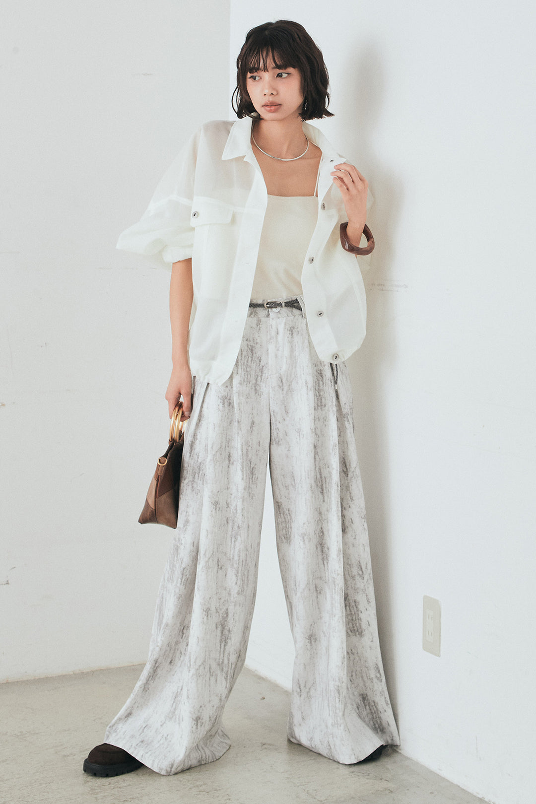 [SET]シアーダンボールサイドドロストジャケット+紐ベルト付きかすれ柄ワイドスラックス(2set)