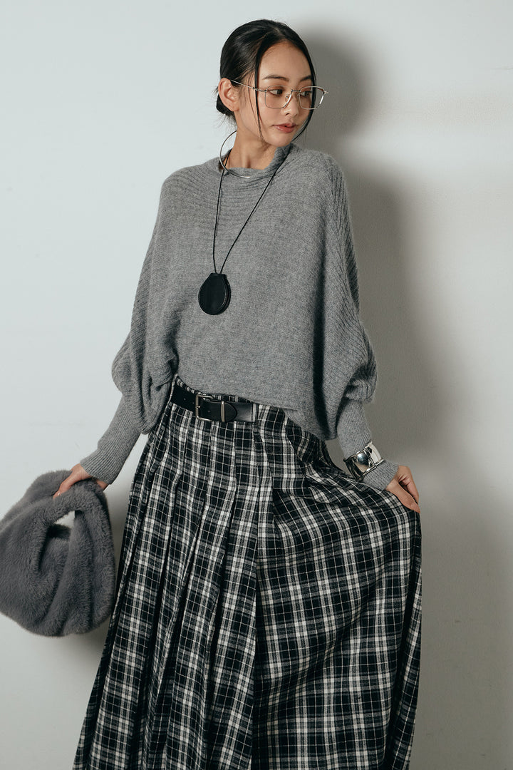 [SET]ポンチョシルエット透かしニットトップス+ベルト付きタータンチェックプリーツスカート(2set)