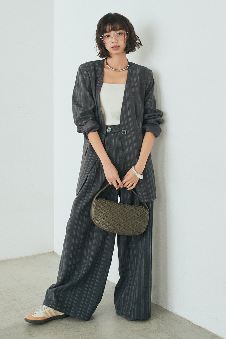 [SET]ノーカラーピンストライプジャケット+ピンストライプワイドスラックス(2set)