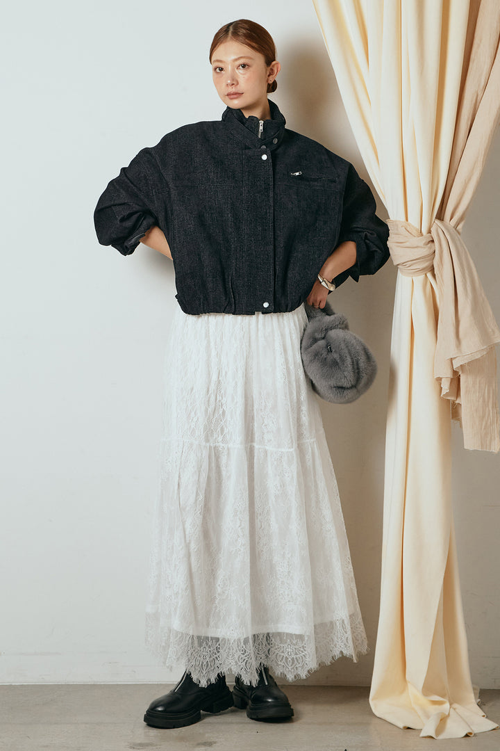 [SET]デニム調ハイネックブルゾン+ひげレース切替ロング丈スカート(2set)