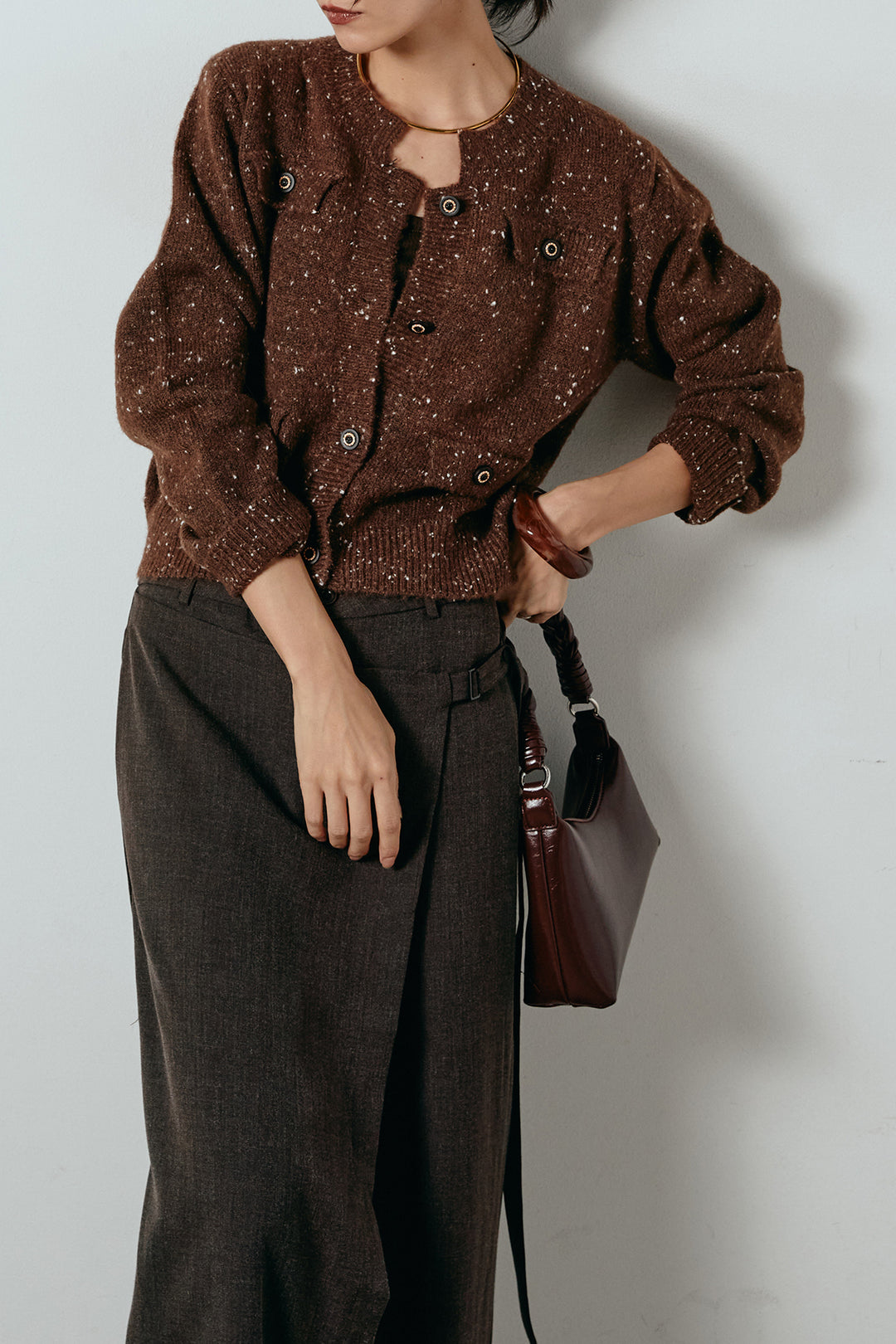 [SET]ネップニットカーディガン+ラップ巻きワイドスラックス(2set)