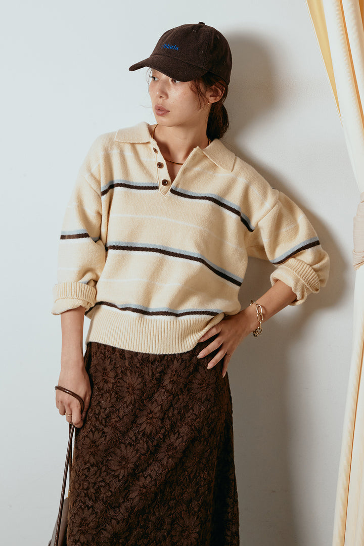 [SET]襟付きマルチボーダーニットポロトップス+花柄刺繍ベロアフレアスカート(2set)