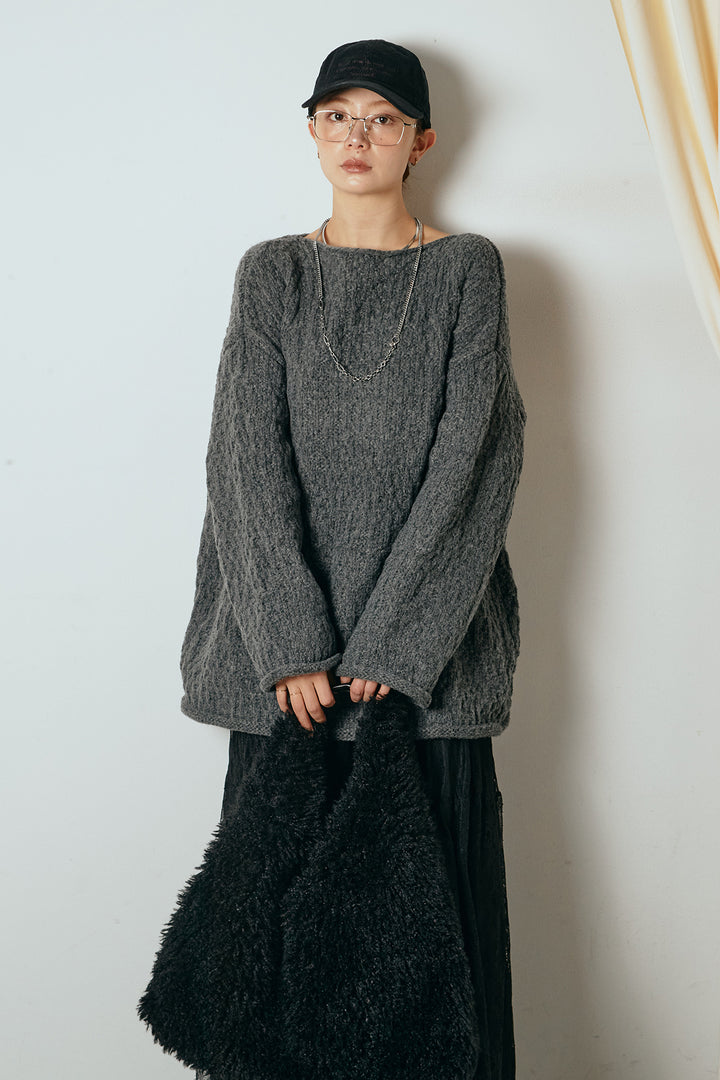 [SET]ボリューム編みニットプルオーバー+ひげレース切替ロング丈スカート(2set)