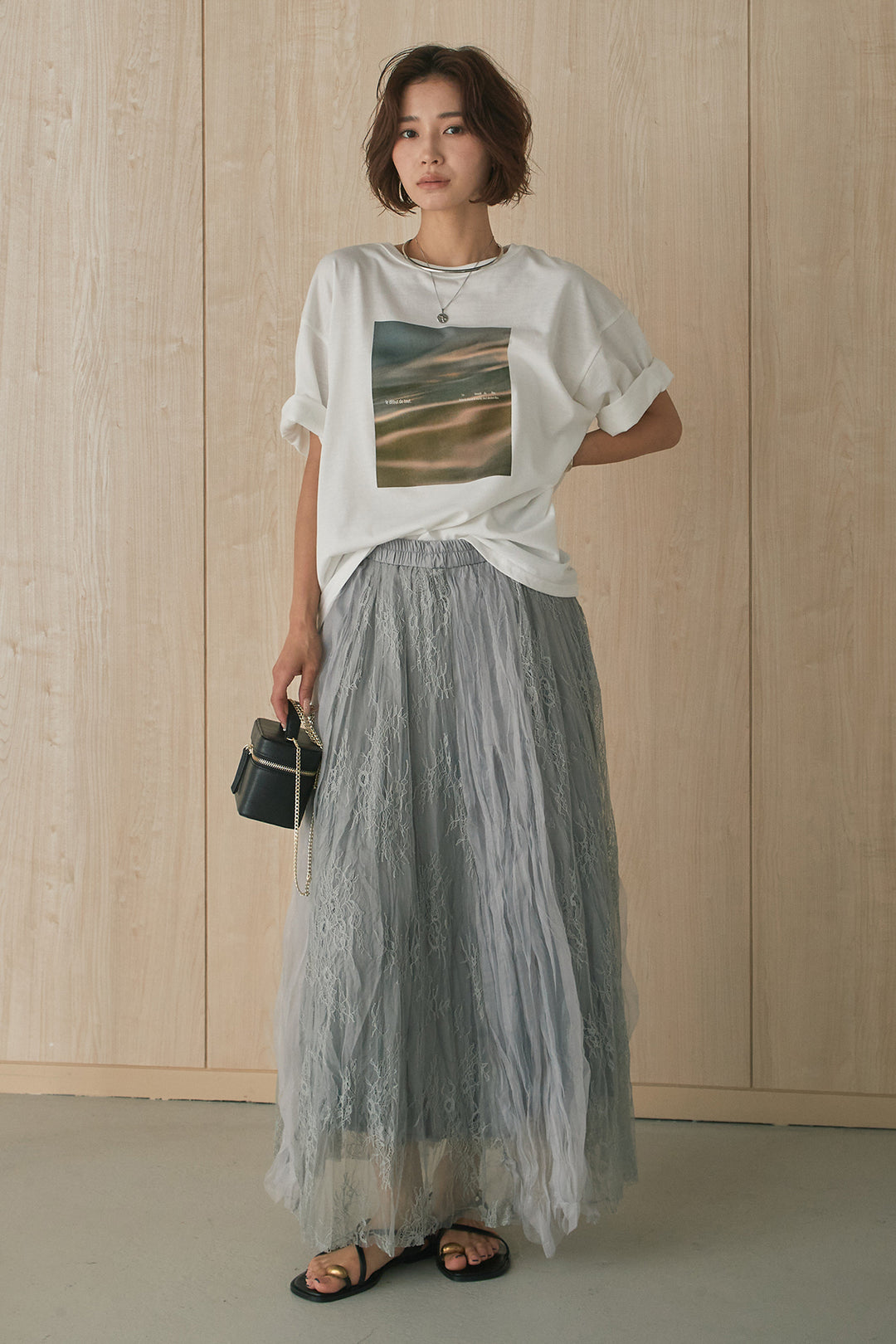 [SET]MarbleプリントTシャツ+レースコンビワッシャーギャザースカート(2set)