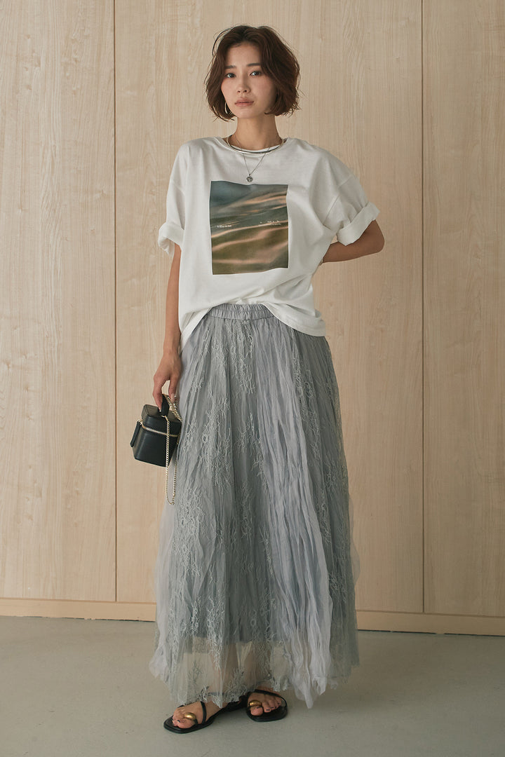 [SET]MarbleプリントTシャツ+レースコンビワッシャーギャザースカート(2set)