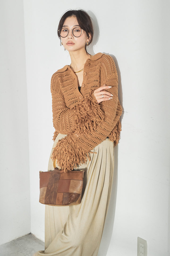 [SET]メッシュフリンジカーディガン+編みベルト付きウエストタックワイドパンツ(2set)