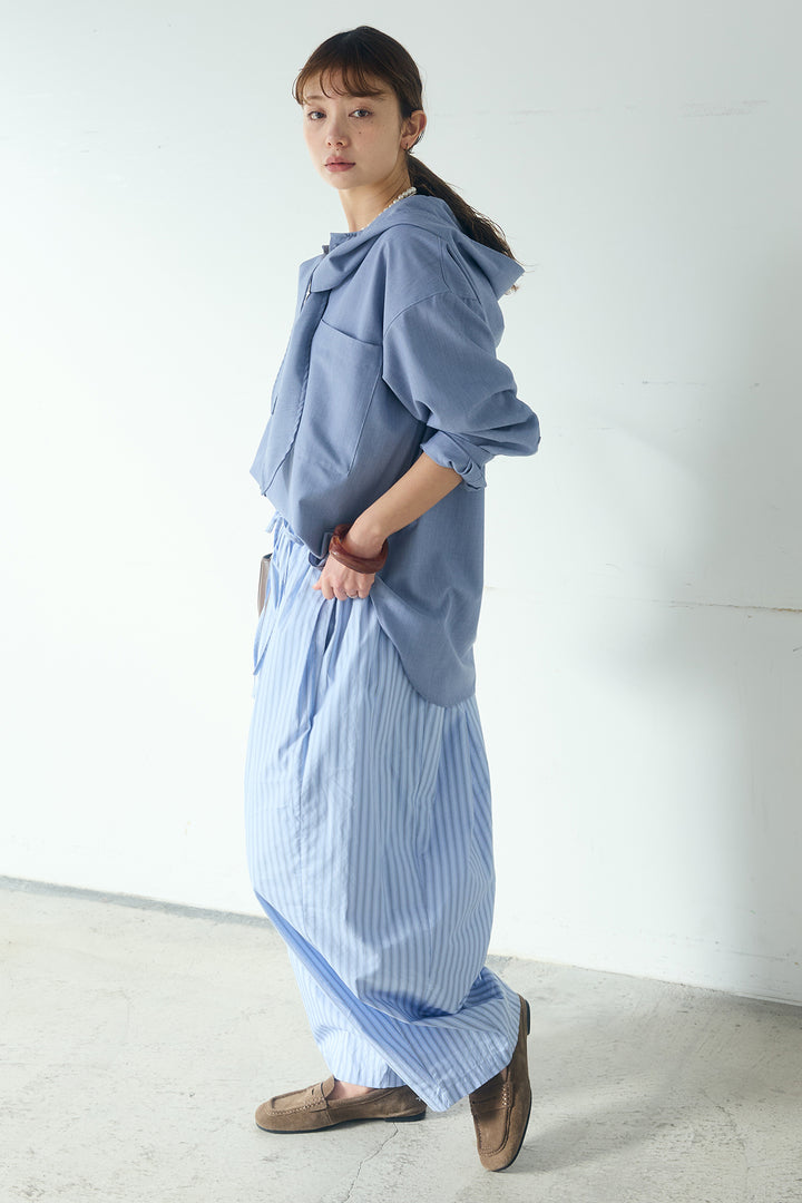 [SET]無地タイ付フーディーBIGシャツ+ランダムストライプタックギャザーパンツ(2set)