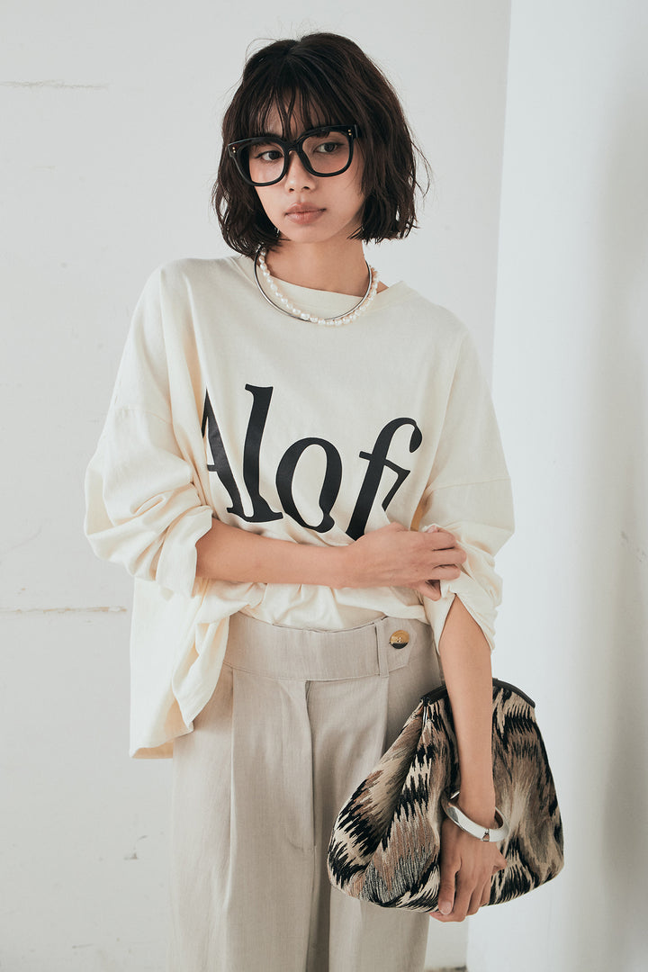 [SET]裾センタードロストロゴプリントワイドTシャツ+センタープレスセミワイドパンツ(2set)